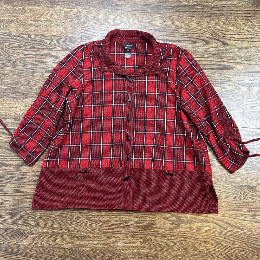 Ali Miles Blouse Womens XL Red Plaid Toggle Front Collared 3/4 Sleeve Pockets